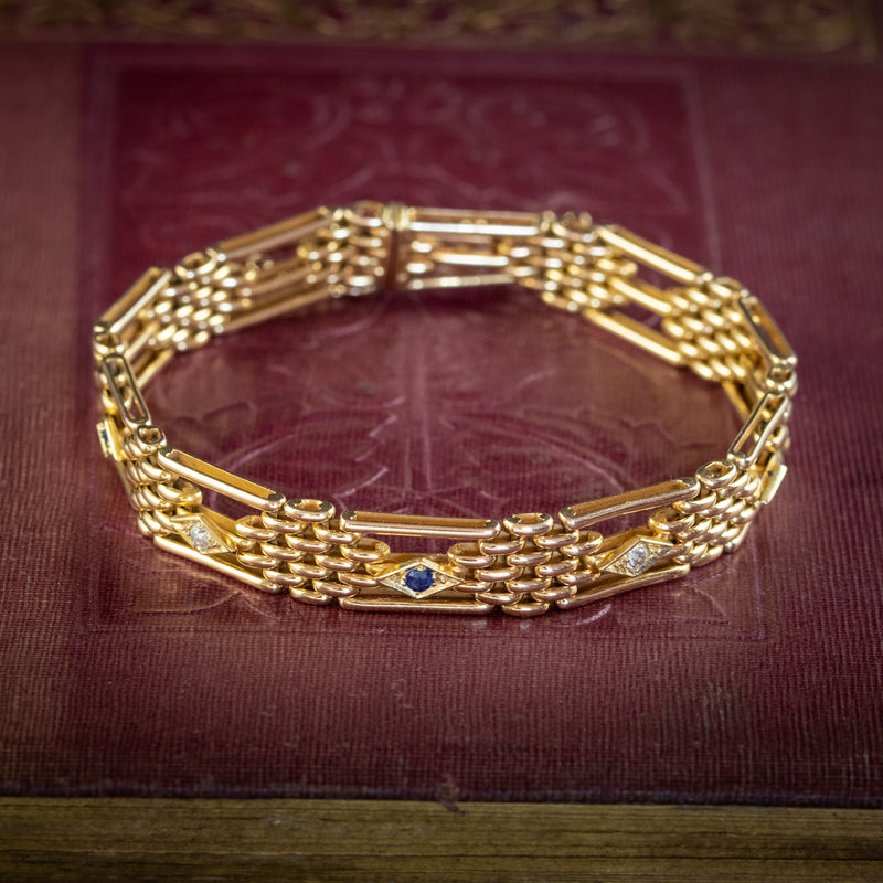 ANTIQUE VICTORIAN SAPPHIRE DIAMOND GATE BRACELET 15CT GOLD CIRCA 1900