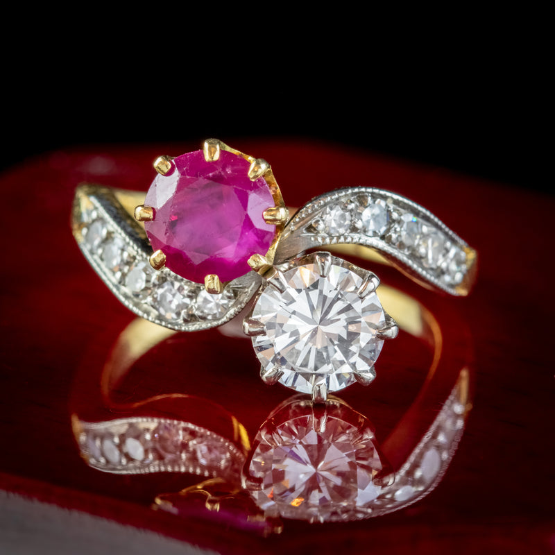 Antique Edwardian French 0.90Ct Ruby And Diamond Twist Ring Platinum 18Ct Gold Circa 1901