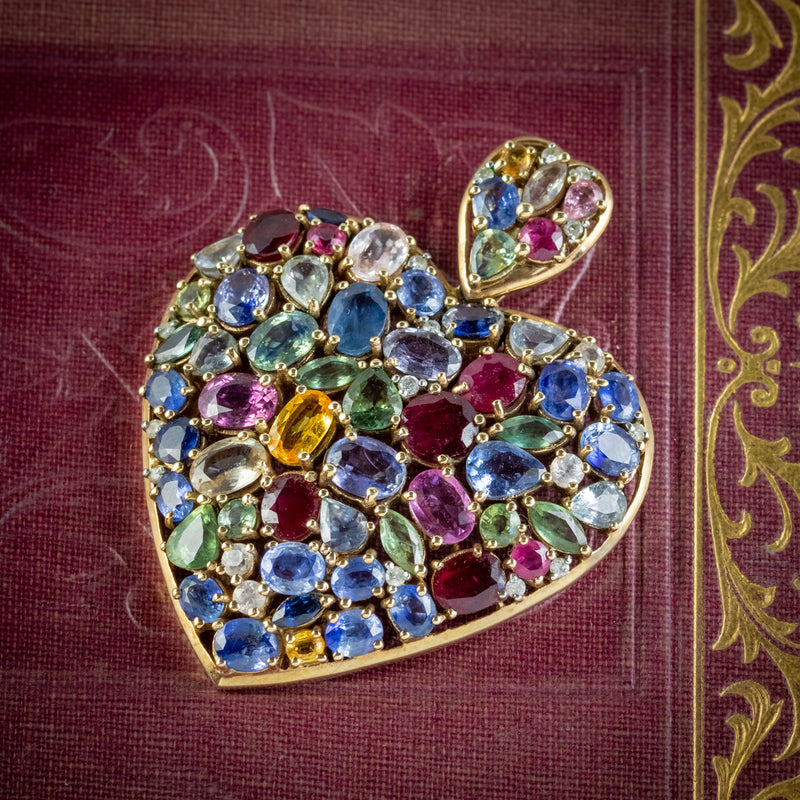 VINTAGE HARLEQUIN HEART PENDANT SAPPHIRE RUBY DIAMOND 9CT GOLD WITH CERT