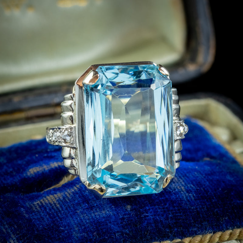 VINTAGE AQUAMARINE DIAMOND COCKTAIL RING 14CT GOLD 14.50CT SCISSOR CUT AQUA
