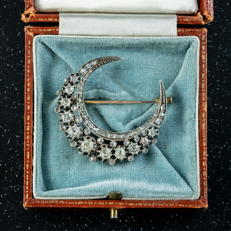 Antique Victorian French Diamond Crescent Moon Brooch 6ct Of Diamond With Box
