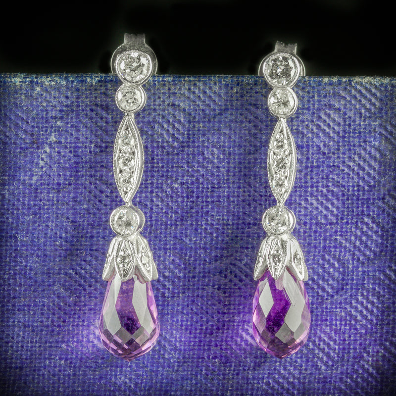 AMETHYST EARRINGS DIAMOND BRIOLETTE CUT AMETHYST 18CT GOLD COVER