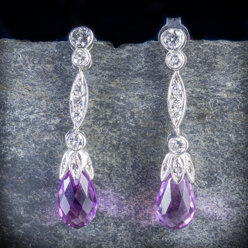 AMETHYST EARRINGS DIAMOND BRIOLETTE CUT AMETHYST 18CT GOLD FRONT