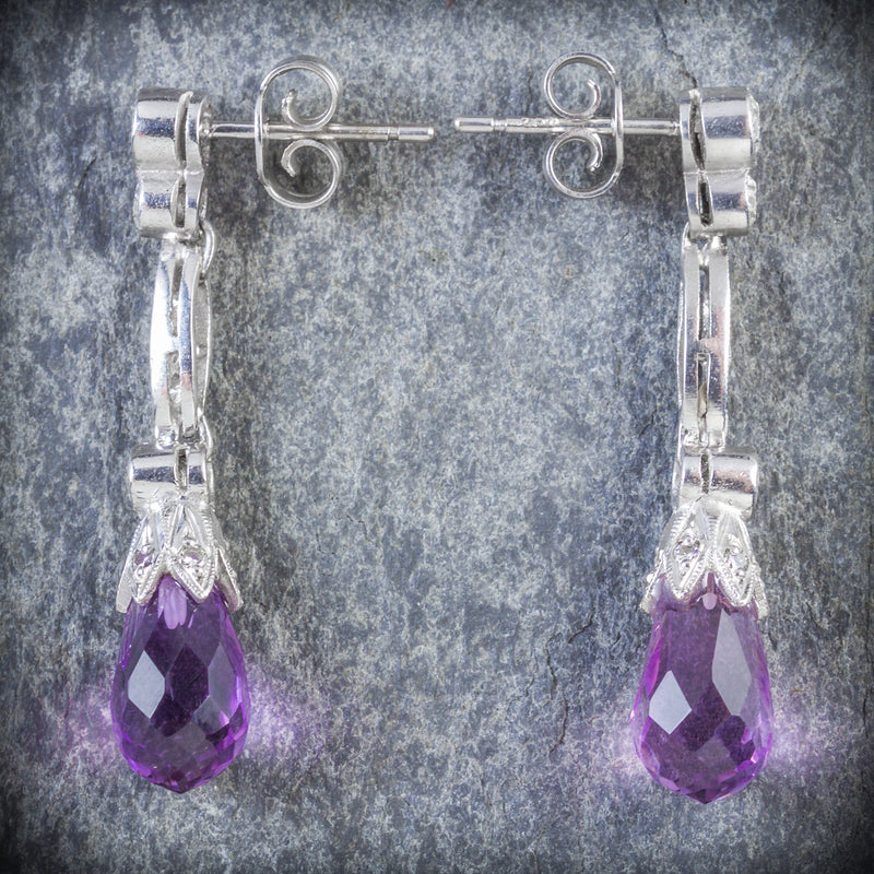 AMETHYST EARRINGS DIAMOND BRIOLETTE CUT AMETHYST 18CT GOLD SIDE