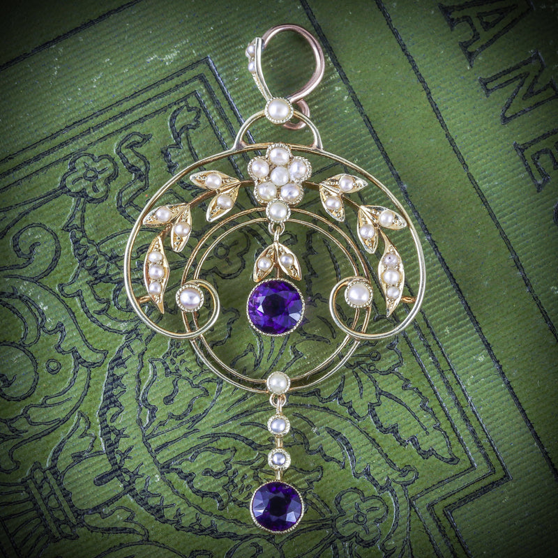 AMETHYST PEARL FLORAL PENDANT 18CT GOLD COVER