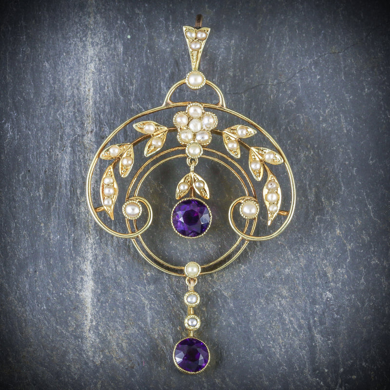 AMETHYST PEARL FLORAL PENDANT 18CT GOLD  FRONT