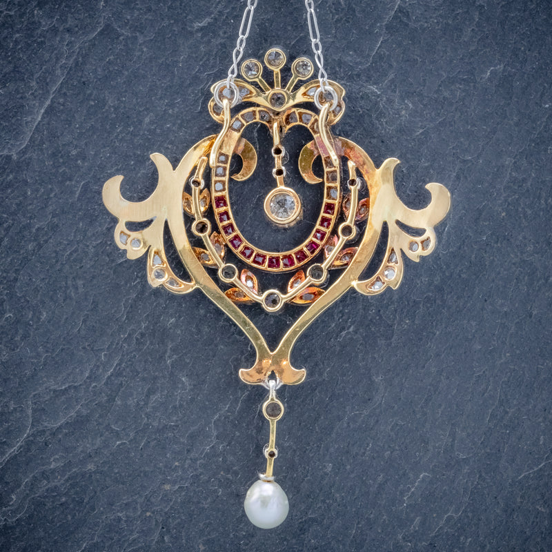 ANTIQUE DIAMOND RUBY PEARL PENDANT NECKLACE PLATINUM 18CT GOLD CIRCA 1915 BOXED BACK