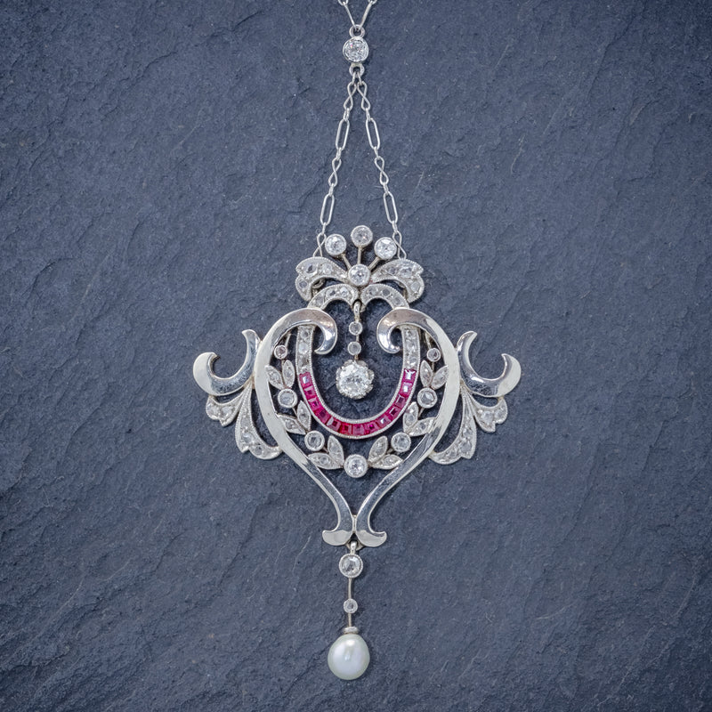 ANTIQUE DIAMOND RUBY PEARL PENDANT NECKLACE PLATINUM 18CT GOLD CIRCA 1915 BOXED FRONT2