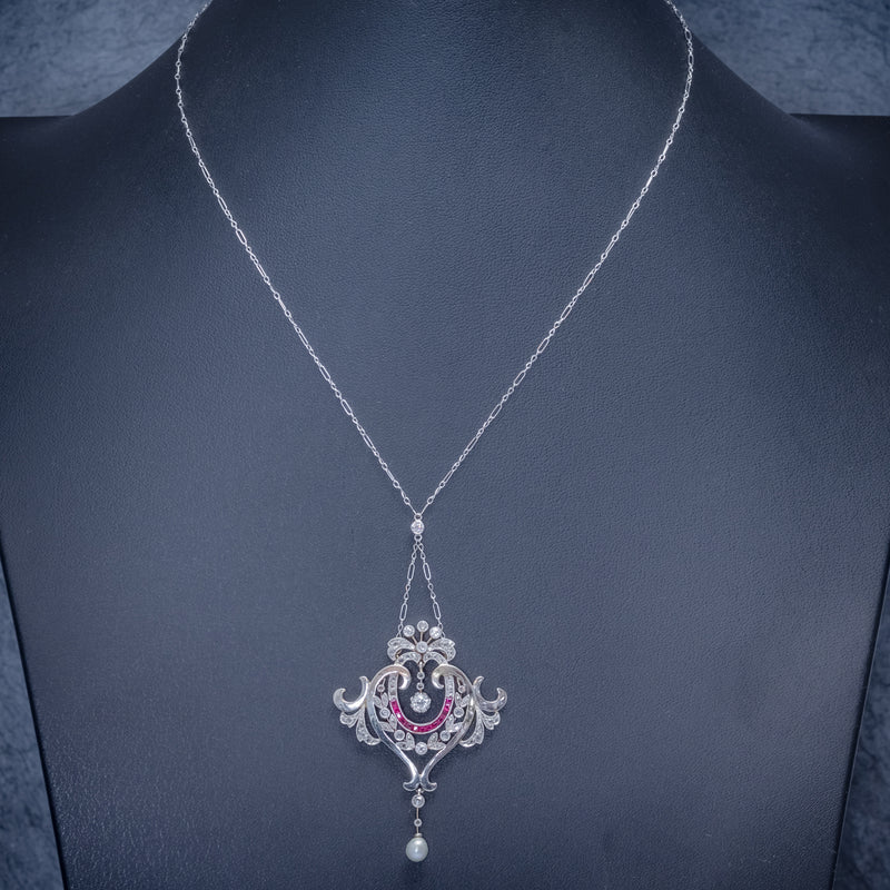 ANTIQUE DIAMOND RUBY PEARL PENDANT NECKLACE PLATINUM 18CT GOLD CIRCA 1915 BOXED NECK