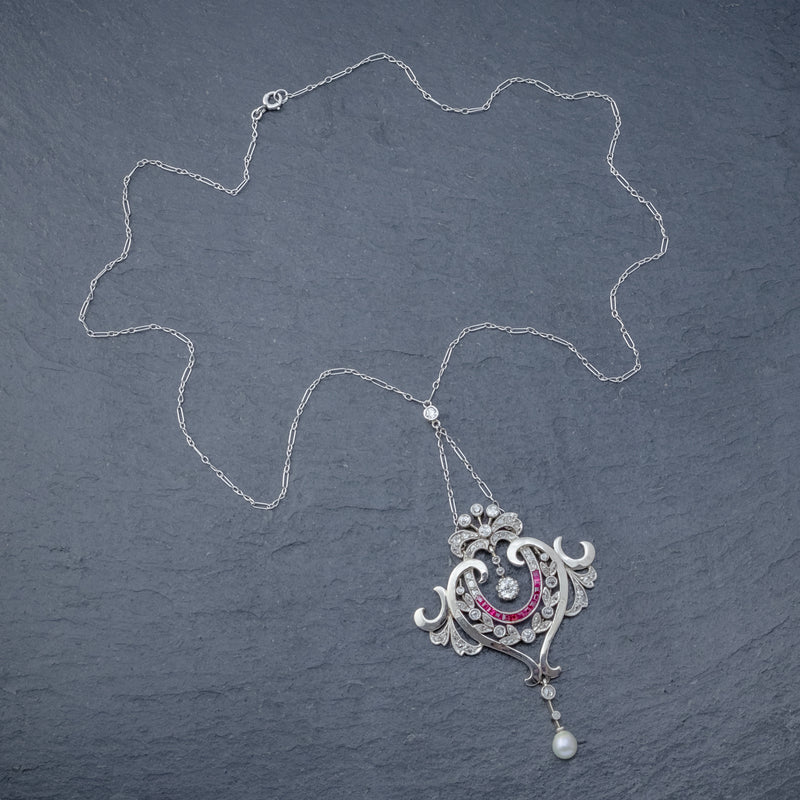 ANTIQUE DIAMOND RUBY PEARL PENDANT NECKLACE PLATINUM 18CT GOLD CIRCA 1915 BOXED TOP