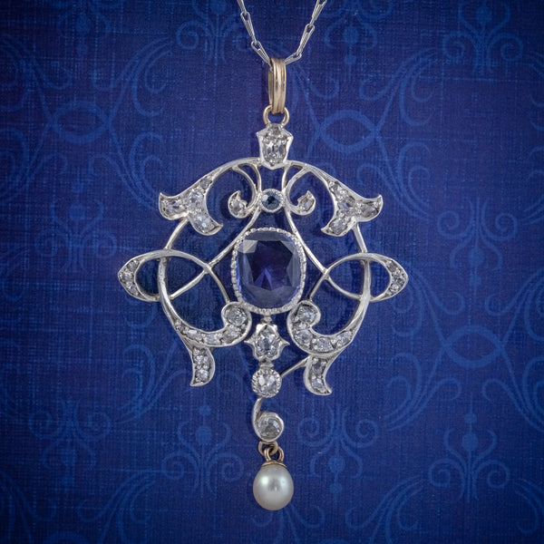 ANTIQUE EDWARDIAN 3.25CT SAPPHIRE DIAMOND PENDANT NECKLACE PLATINUM 18CT GOLD CIRCA 1905 COVER