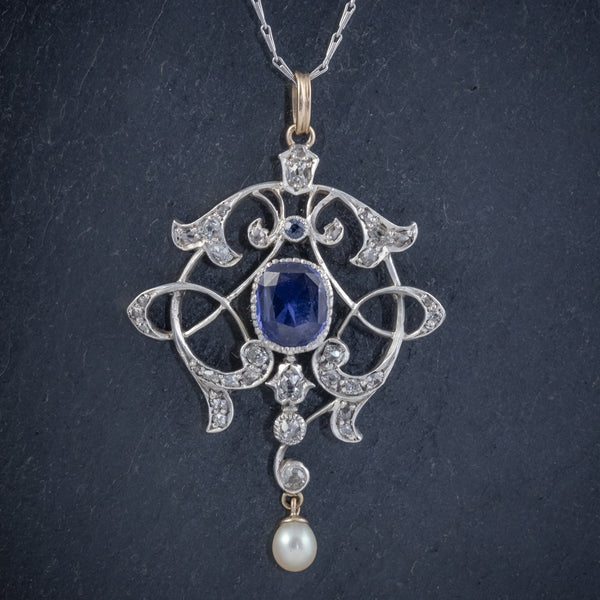 ANTIQUE EDWARDIAN 3.25CT SAPPHIRE DIAMOND PENDANT NECKLACE PLATINUM 18CT GOLD CIRCA 1905 FRONT