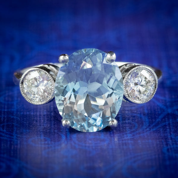 ANTIQUE EDWARDIAN AQUAMARINE TRILOGY RING PLATINUM 3.25CT AQUA CIRCA 1910