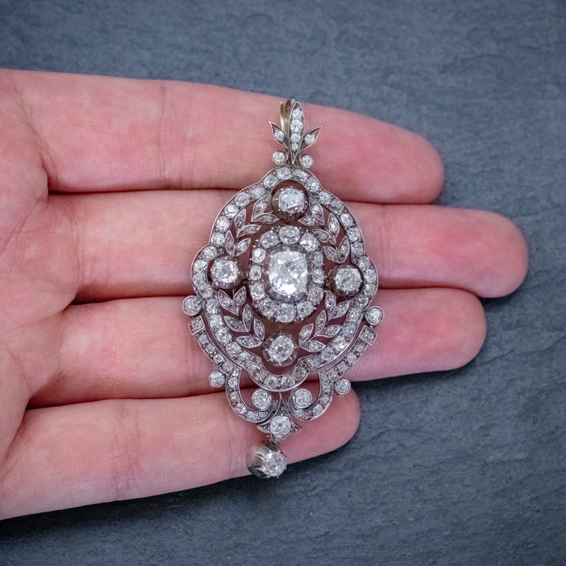 ANTIQUE EDWARDIAN DIAMOND PENDANT BROOCH 8.35CT OF DIAMONDS 18CT GOLD CIRCA 1905 HAND