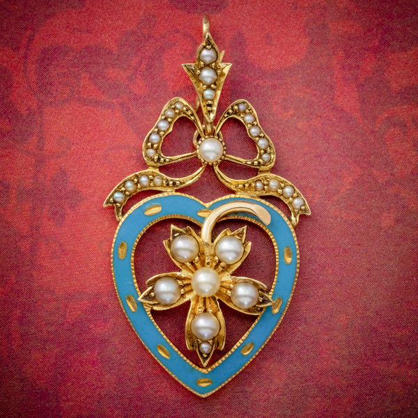 ANTIQUE EDWARDIAN PEARL HEART PENDANT BROOCH 15CT GOLD BLUE ENAMEL CIRCA 1905 BOXED COVER