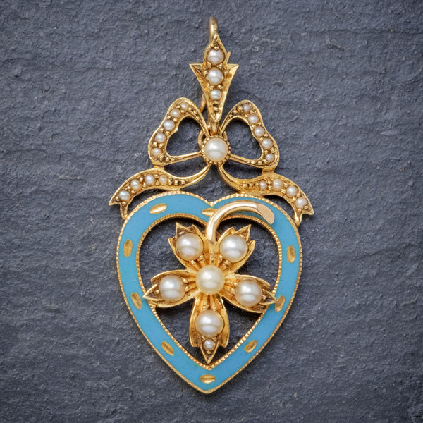 ANTIQUE EDWARDIAN PEARL HEART PENDANT BROOCH 15CT GOLD BLUE ENAMEL CIRCA 1905 BOXED FRONT