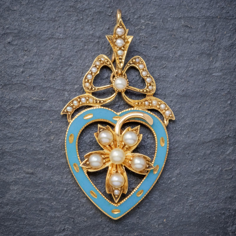 ANTIQUE EDWARDIAN PEARL HEART PENDANT BROOCH 15CT GOLD BLUE ENAMEL CIRCA 1905 BOXED FRONT