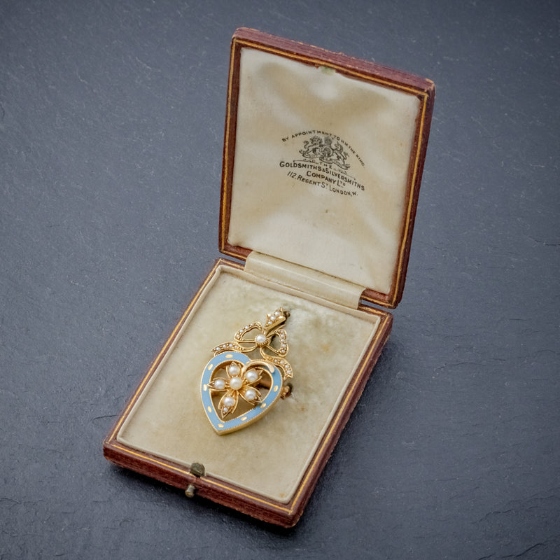 ANTIQUE EDWARDIAN PEARL HEART PENDANT BROOCH 15CT GOLD BLUE ENAMEL CIRCA 1905 BOXED OPEN