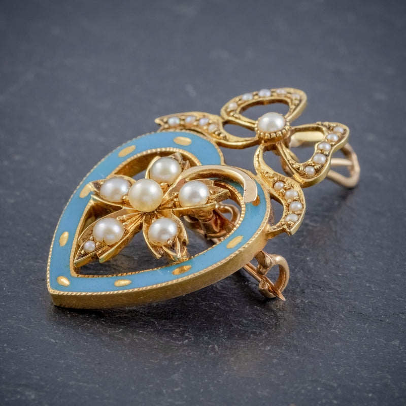 ANTIQUE EDWARDIAN PEARL HEART PENDANT BROOCH 15CT GOLD BLUE ENAMEL CIRCA 1905 BOXED SIDE