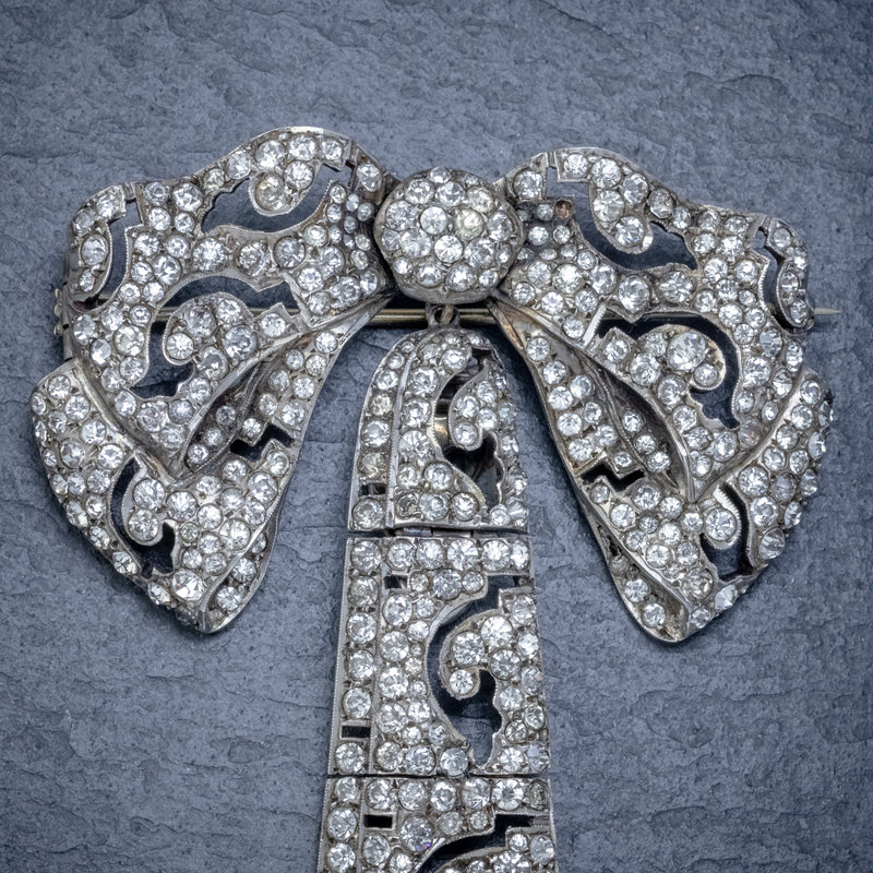 ANTIQUE EDWARDIAN SILVER PASTE BOW BROOCH AND CLIP SET CIRCA 1910 CLOSE