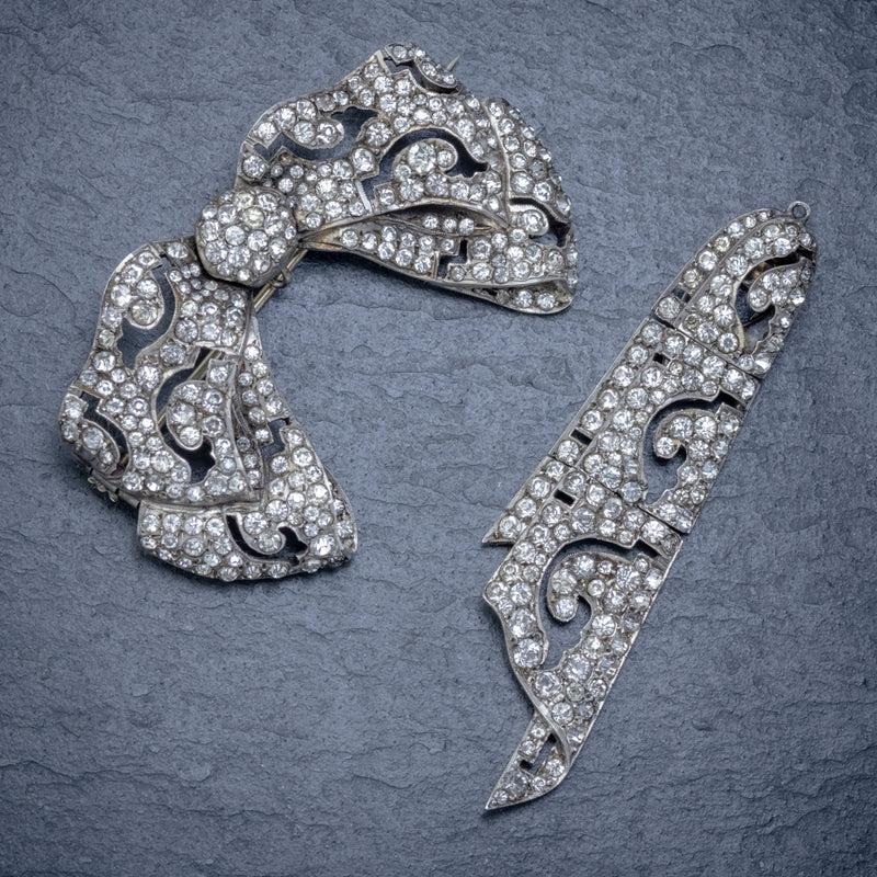 ANTIQUE EDWARDIAN SILVER PASTE BOW BROOCH AND CLIP SET CIRCA 1910 BROOCH AND CLIP