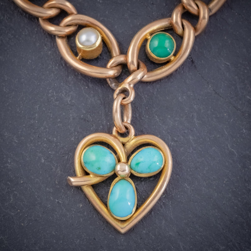 ANTIQUE EDWARDIAN TURQUOISE HEART CLOVER CURB BRACELET 15CT GOLD CIRCA 1905 BOXED HEART
