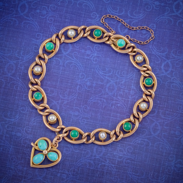 ANTIQUE EDWARDIAN TURQUOISE HEART CLOVER CURB BRACELET 15CT GOLD CIRCA 1905 BOXED COVER