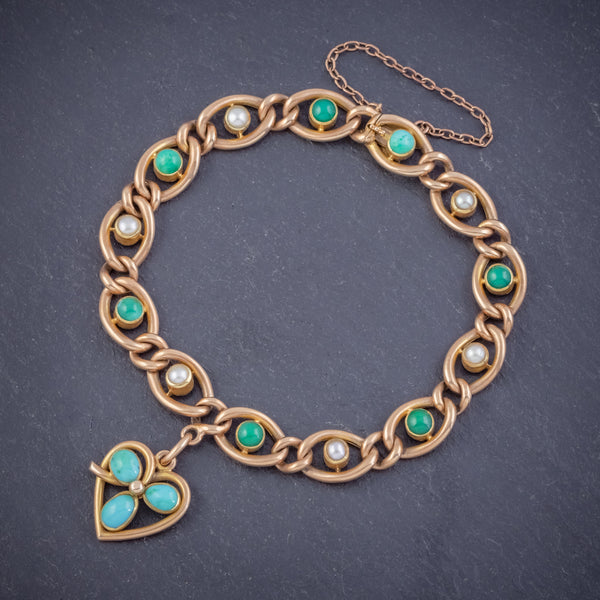 ANTIQUE EDWARDIAN TURQUOISE HEART CLOVER CURB BRACELET 15CT GOLD CIRCA 1905 BOXED FRONT
