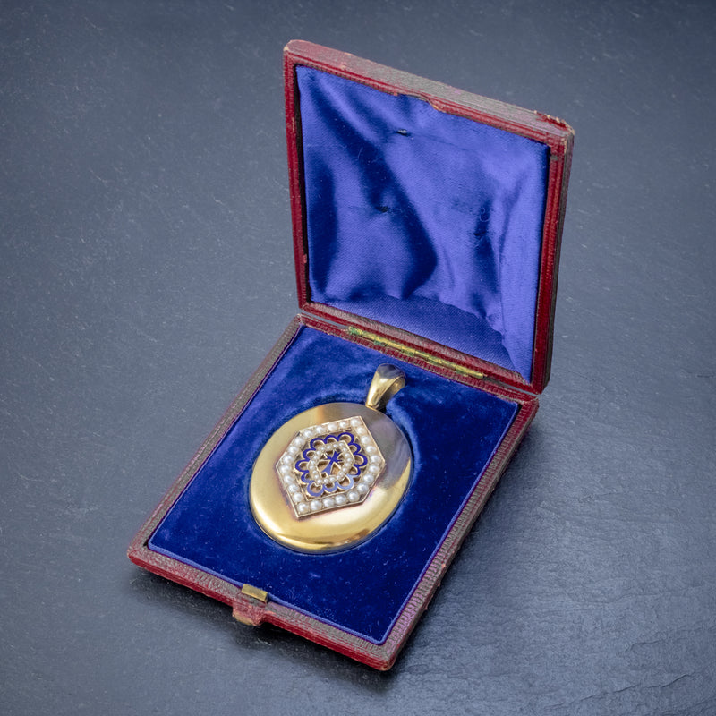 ANTIQUE VICTORIAN 18CT GOLD PEARL LOCKET BLUE ENAMEL CROSS CIRCA 1900 BOXED BOX OPEN