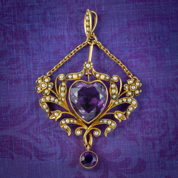 ANTIQUE VICTORIAN AMETHYST PEARL HEART PENDANT 18CT GOLD 10CT AMETHYST CIRCA 1900