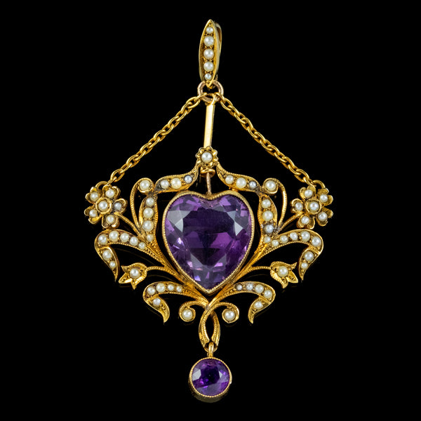 ANTIQUE VICTORIAN AMETHYST PEARL HEART PENDANT 18CT GOLD 10CT AMETHYST CIRCA 1900