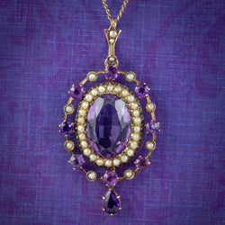 ANTIQUE VICTORIAN AMETHYST PEARL PENDANT NECKLACE 9CT GOLD 12CT AMETHYST CIRCA 1900