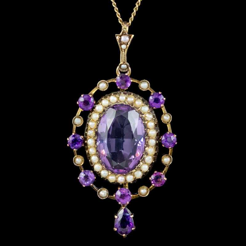 ANTIQUE VICTORIAN AMETHYST PEARL PENDANT NECKLACE 9CT GOLD 12CT AMETHYST CIRCA 1900