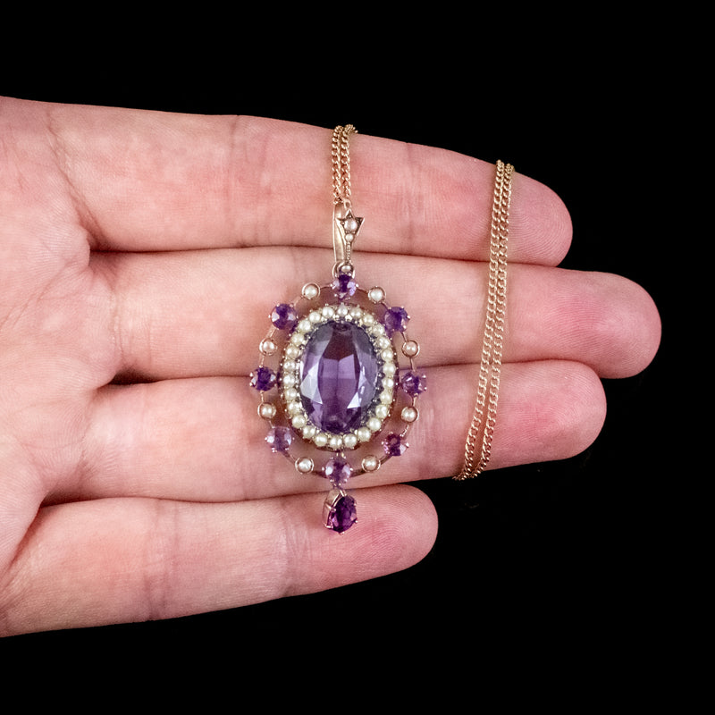 ANTIQUE VICTORIAN AMETHYST PEARL PENDANT NECKLACE 9CT GOLD 12CT AMETHYST CIRCA 1900