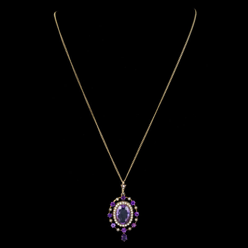 ANTIQUE VICTORIAN AMETHYST PEARL PENDANT NECKLACE 9CT GOLD 12CT AMETHYST CIRCA 1900