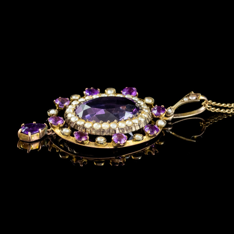 ANTIQUE VICTORIAN AMETHYST PEARL PENDANT NECKLACE 9CT GOLD 12CT AMETHYST CIRCA 1900