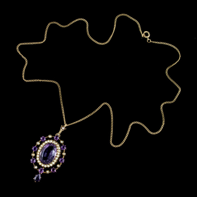 ANTIQUE VICTORIAN AMETHYST PEARL PENDANT NECKLACE 9CT GOLD 12CT AMETHYST CIRCA 1900