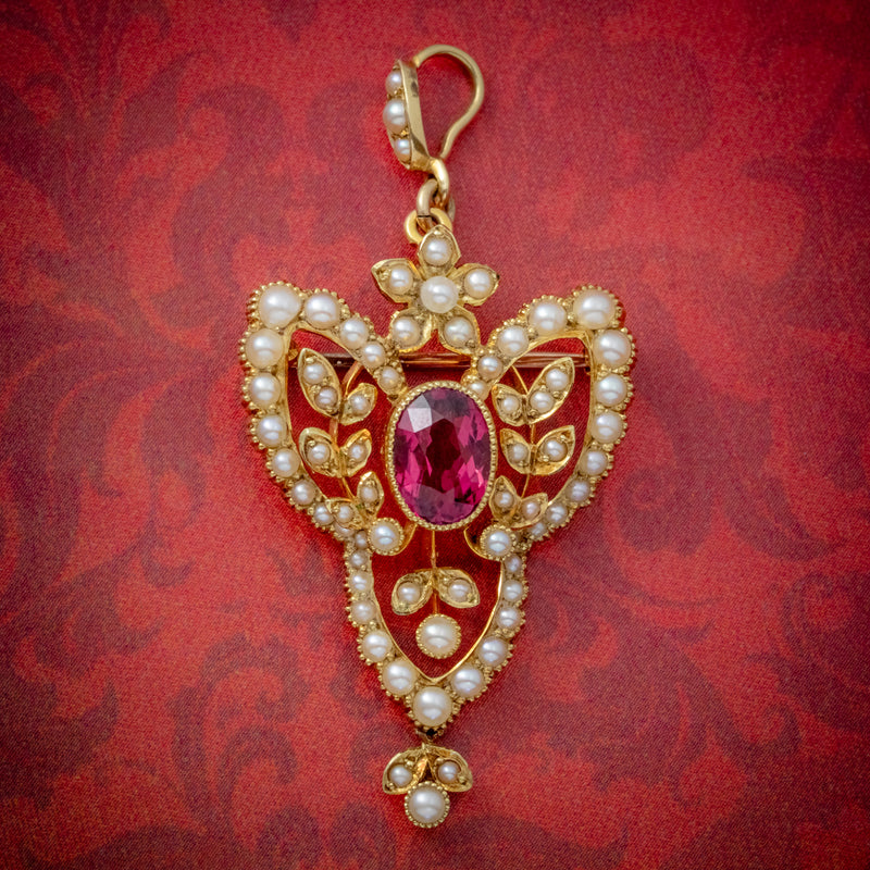 ANTIQUE VICTORIAN ART NOUVEAU PINK QUARTZ PEARL PENDANT BROOCH 15CT GOLD CIRCA 1900 COVER