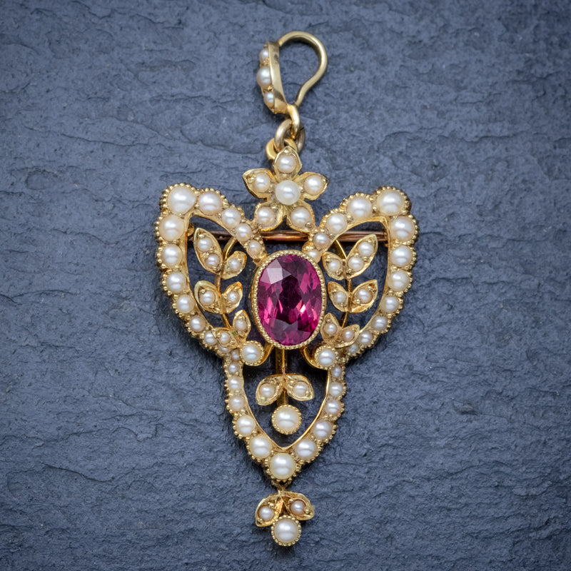 ANTIQUE VICTORIAN ART NOUVEAU PINK QUARTZ PEARL PENDANT BROOCH 15CT GOLD CIRCA 1900 FRONT