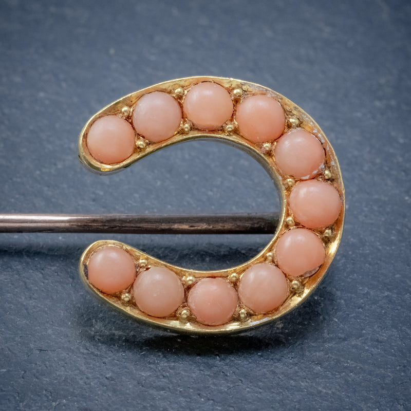 ANTIQUE VICTORIAN CORAL HORSESHOE PIN 18CT GOLD BOXED CIRCA 1900 CLOSE
