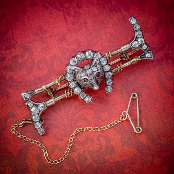 ANTIQUE VICTORIAN DIAMOND FOX HUNTING RIDING BROOCH SILVER 18CT GOLD 2CT OF DIAMOND CIRCA 1900 COVER