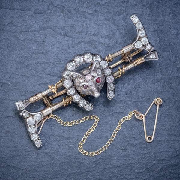 ANTIQUE VICTORIAN DIAMOND FOX HUNTING RIDING BROOCH SILVER 18CT GOLD 2CT OF DIAMOND CIRCA 1900 FRONT
