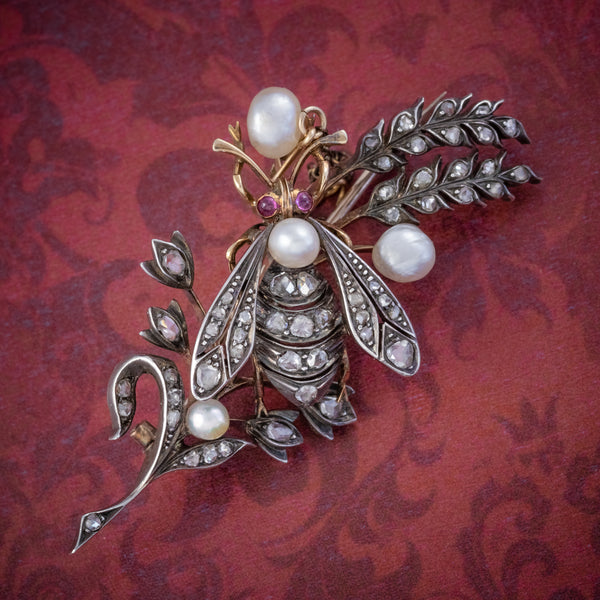 ANTIQUE VICTORIAN DIAMOND PEARL INSECT BROOCH 18CT GOLD SILVER 2CT ROSE CUT DIAMONDS CIRCA 1900 COVER