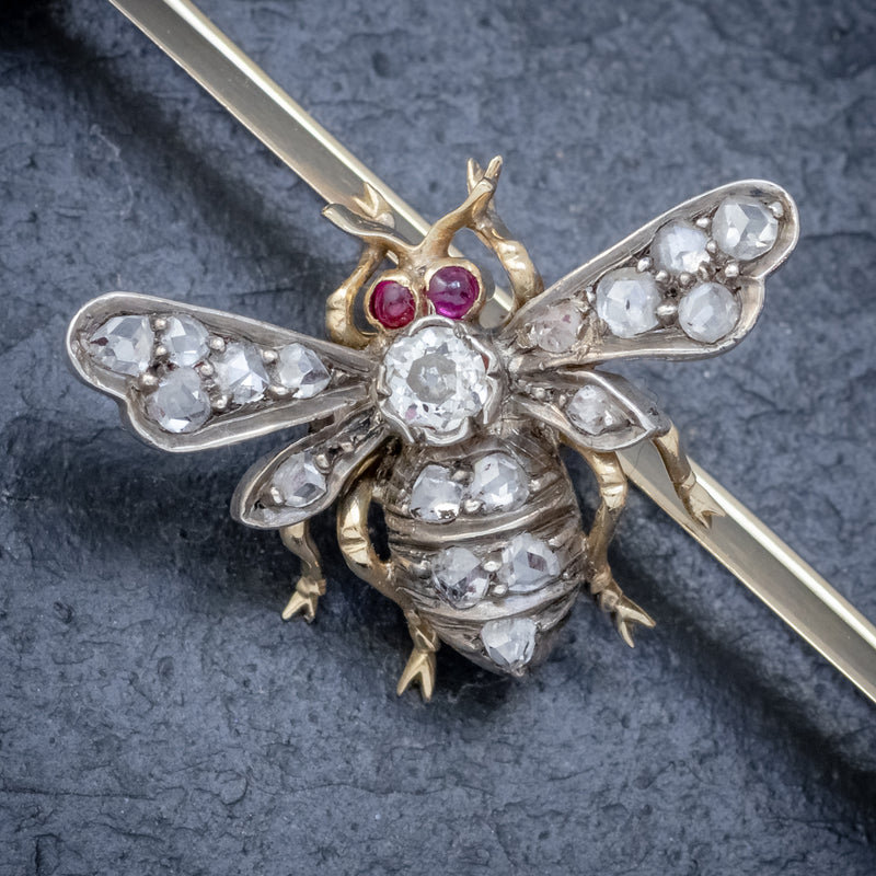 ANTIQUE VICTORIAN DIAMOND RUBY INSECT BROOCH SILVER 18CT GOLD CIRCA 1900 BEE