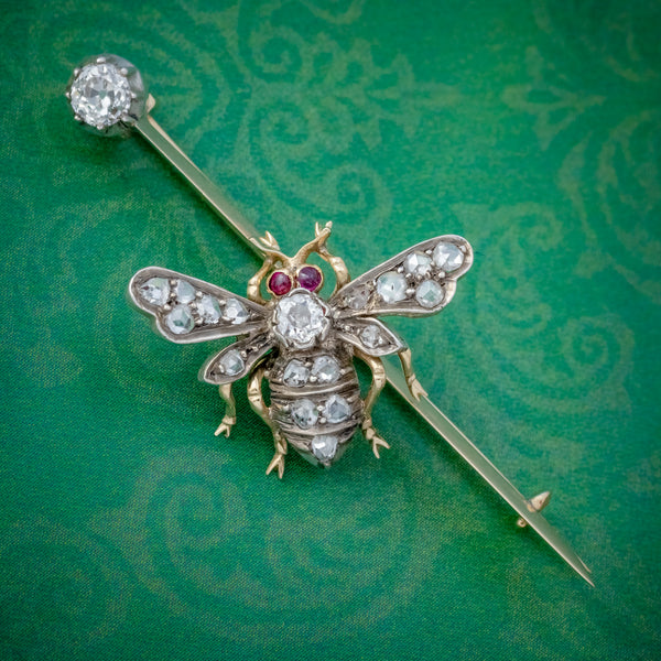 ANTIQUE VICTORIAN DIAMOND RUBY INSECT BROOCH SILVER 18CT GOLD CIRCA 1900 COVER