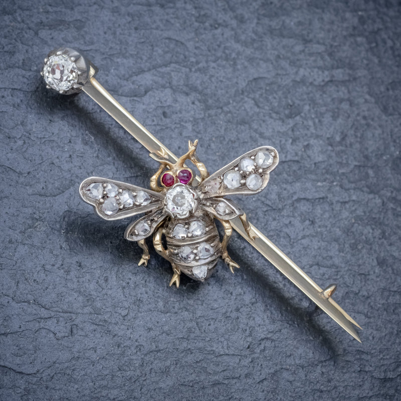 ANTIQUE VICTORIAN DIAMOND RUBY INSECT BROOCH SILVER 18CT GOLD CIRCA 1900 FRONT