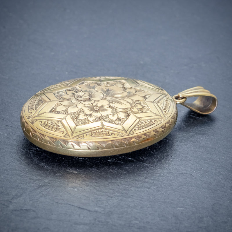 ANTIQUE VICTORIAN FLORAL LOCKET SILVER 18CT GOLD GILT CIRCA 1880 SIDE