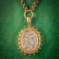 ANTIQUE VICTORIAN IVY LOCKET NECKLACE STERLING SILVER 18CT GOLD GILT DATED 1879
