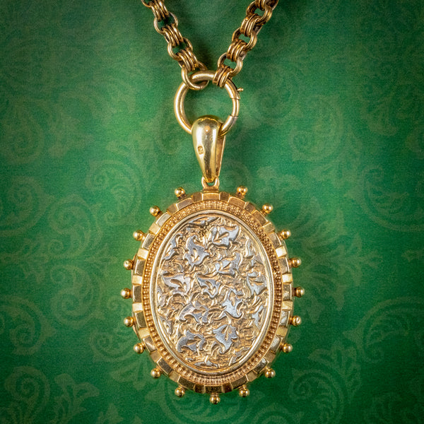 ANTIQUE VICTORIAN IVY LOCKET NECKLACE STERLING SILVER 18CT GOLD GILT DATED 1879