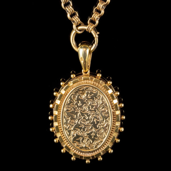 ANTIQUE VICTORIAN IVY LOCKET NECKLACE STERLING SILVER 18CT GOLD GILT DATED 1879